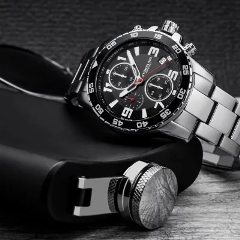 Stuhrling Mens Chronograph Silver Tone Stainless Steel Bracelet Watch 3957