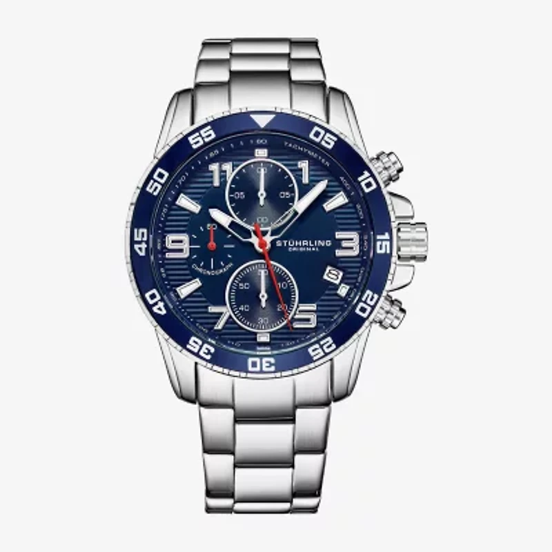 Stuhrling Mens Chronograph Silver Tone Stainless Steel Bracelet Watch 3957