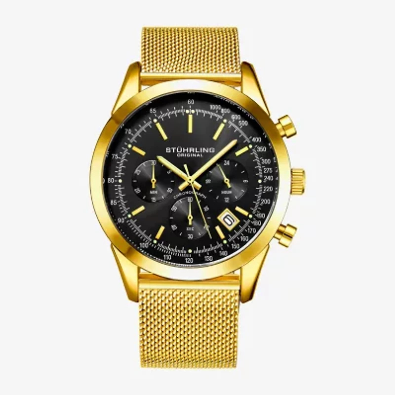 Stuhrling Mens Chronograph Gold Tone Stainless Steel Strap Watch 3975 7