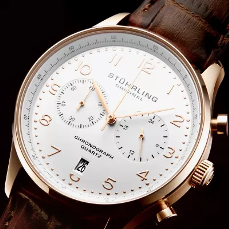 Stuhrling Mens Chronograph Brown Leather Strap Watch 4012 4