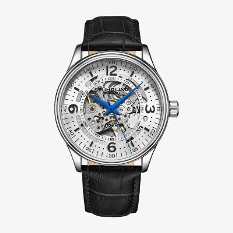 Stuhrling Mens Automatic Black Leather Strap Watch 3947