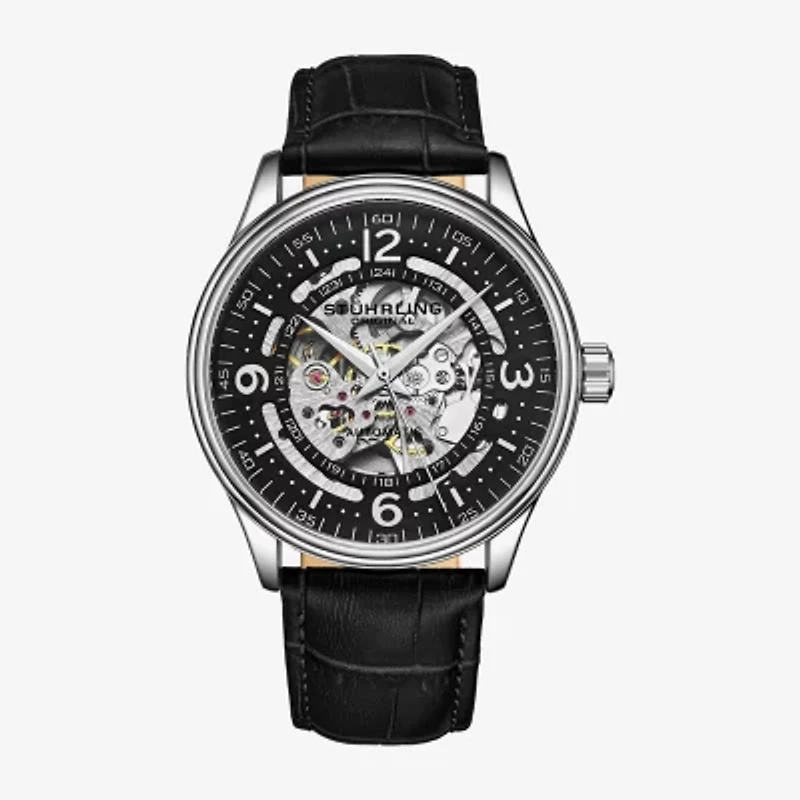 Stuhrling Mens Automatic Black Leather Strap Watch 3947 2