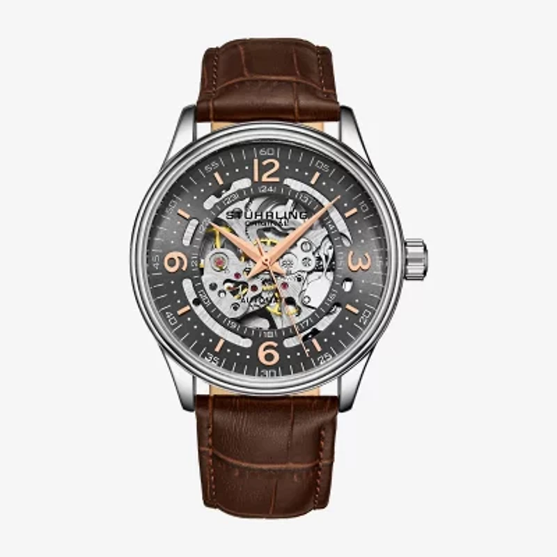 Stuhrling Mens Automatic Brown Leather Strap Watch 3947 3