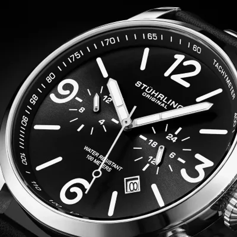 Stuhrling Mens Black Leather Strap Watch 3956 1