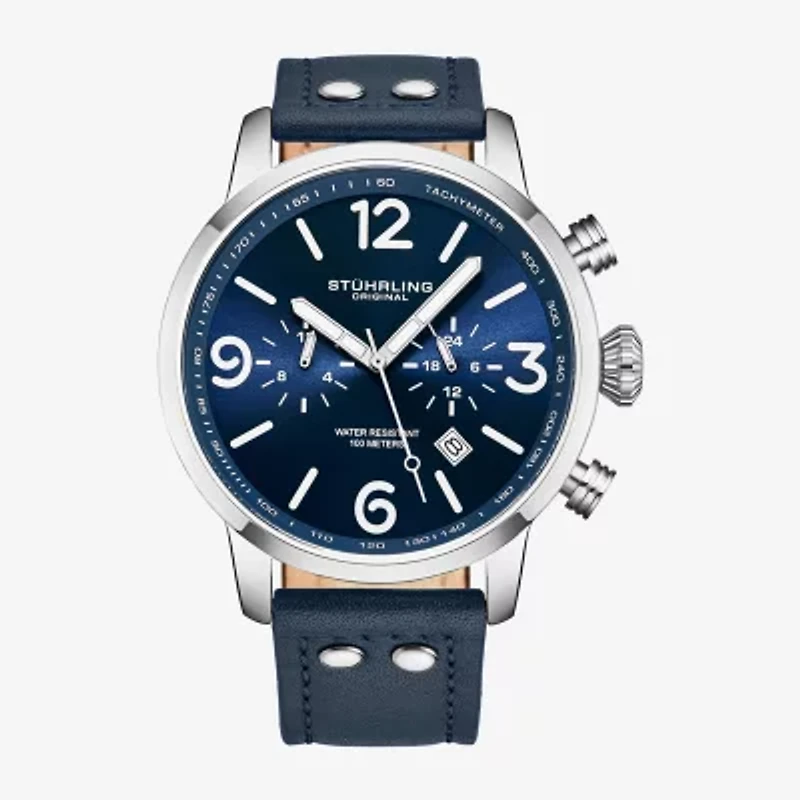 Stuhrling Mens Blue Leather Strap Watch 3956 2