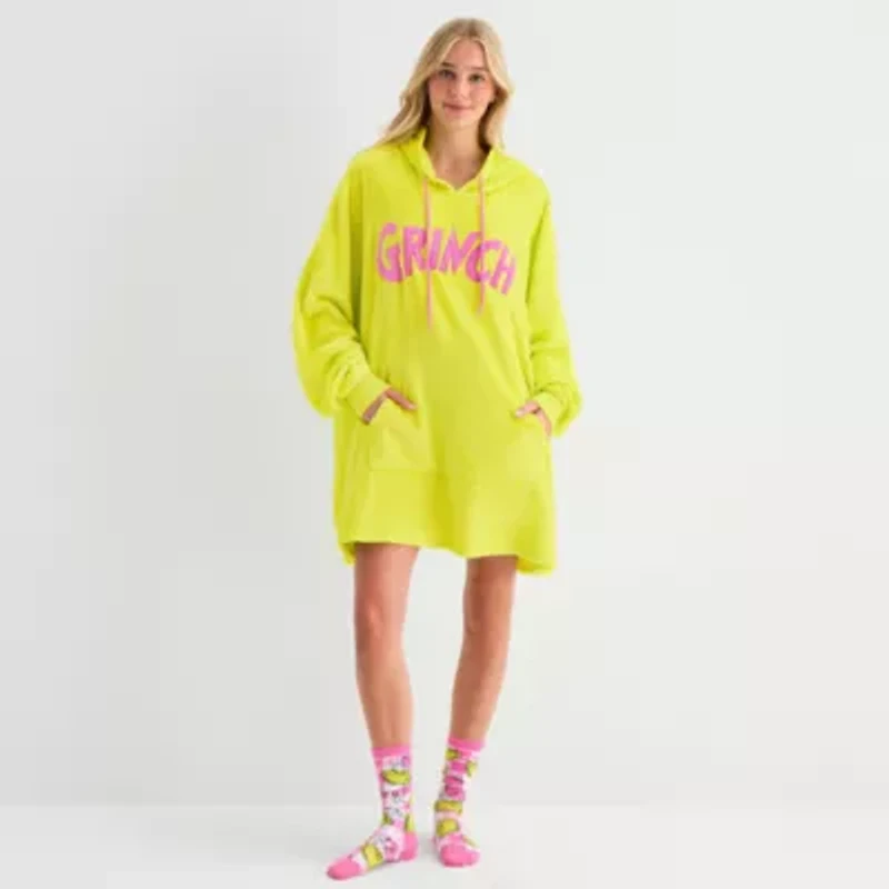 Womens Easy-on + Easy-off Grinch Hooded Short Sleeve Juniors Nightgown