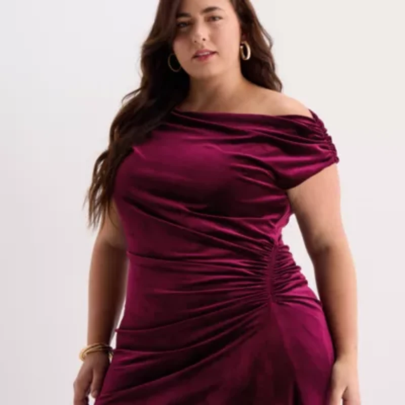 Premier Amour Womens Plus One Shoulder Short Sleeve Velvet Fit + Flare Dress