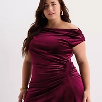 Premier Amour Womens Plus One Shoulder Short Sleeve Velvet Fit + Flare Dress