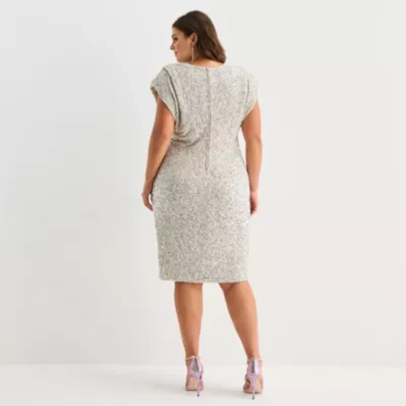 Premier Amour Womens Plus Sequins Short Sleeve Midi Sheath Dress