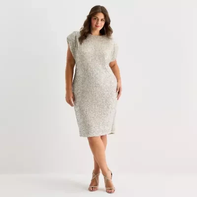 Premier Amour Womens Plus Sequins Short Sleeve Midi Sheath Dress