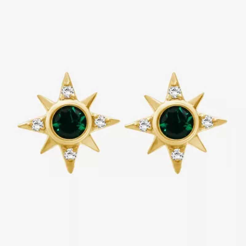 Simulated Green Emerald 14K Gold Over Silver 11.4mm Star Stud Earrings