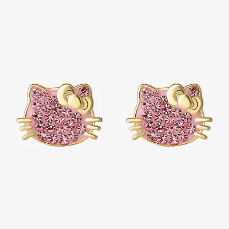 Genuine Pink Crystal 14K Gold Over Silver 10.9mm Hello Kitty Stud Earrings