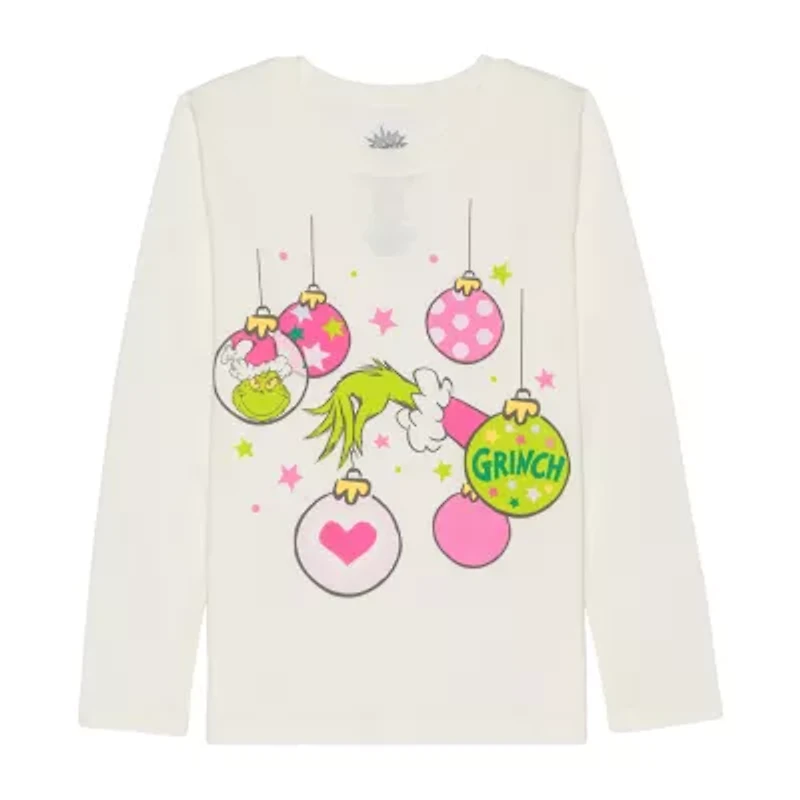Little & Big Kid Girls Round Neck Long Sleeve Regular Fit Grinch Graphic T-Shirt