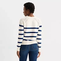 St. John's Bay Womens Crew Neck Long Sleeve Striped Cable Knit Pullover Sweater