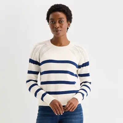 St. John's Bay Womens Crew Neck Long Sleeve Striped Cable Knit Pullover Sweater