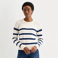 St. John's Bay Womens Crew Neck Long Sleeve Striped Cable Knit Pullover Sweater