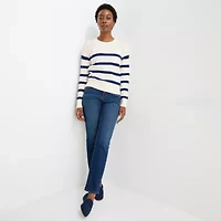 St. John's Bay Womens Crew Neck Long Sleeve Striped Cable Knit Pullover Sweater