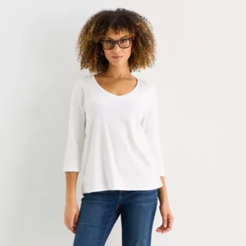 St. John's Bay Womens Easy-on + Easy-off V Neck 3/4 Sleeve Adaptive T-Shirt