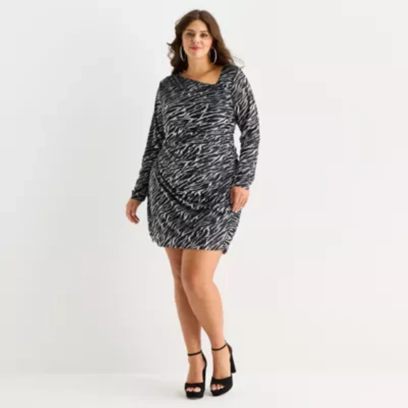 Bold Elements Womens Plus Long Sleeve Casual Zebra Bodycon Dress