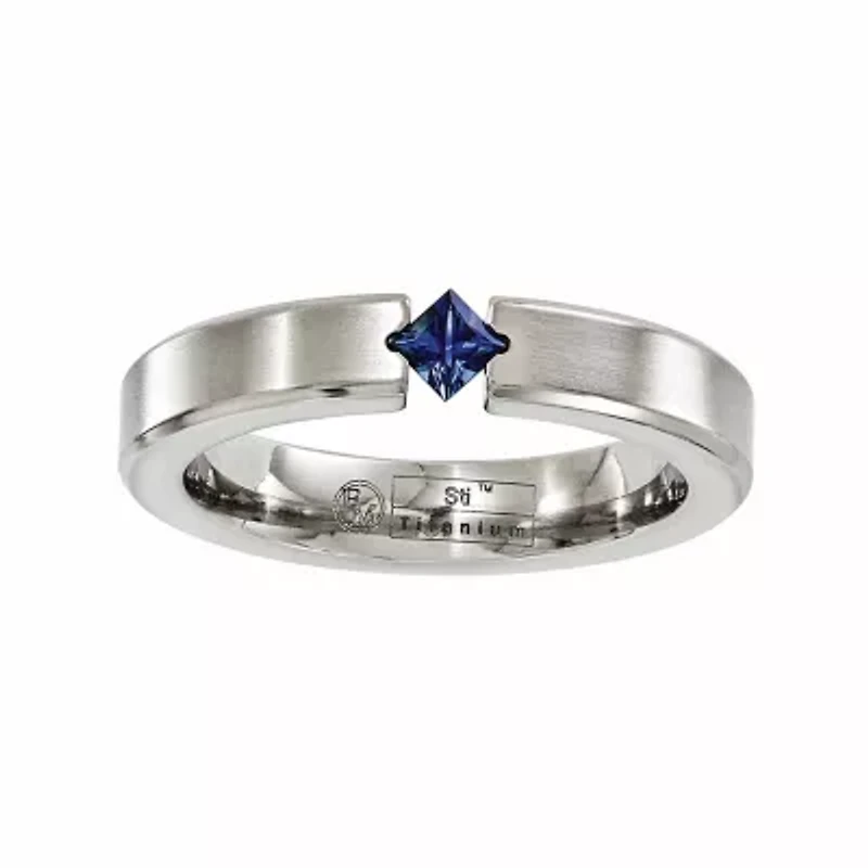Mens 4MM Genuine Blue Sapphire Titanium Wedding Band