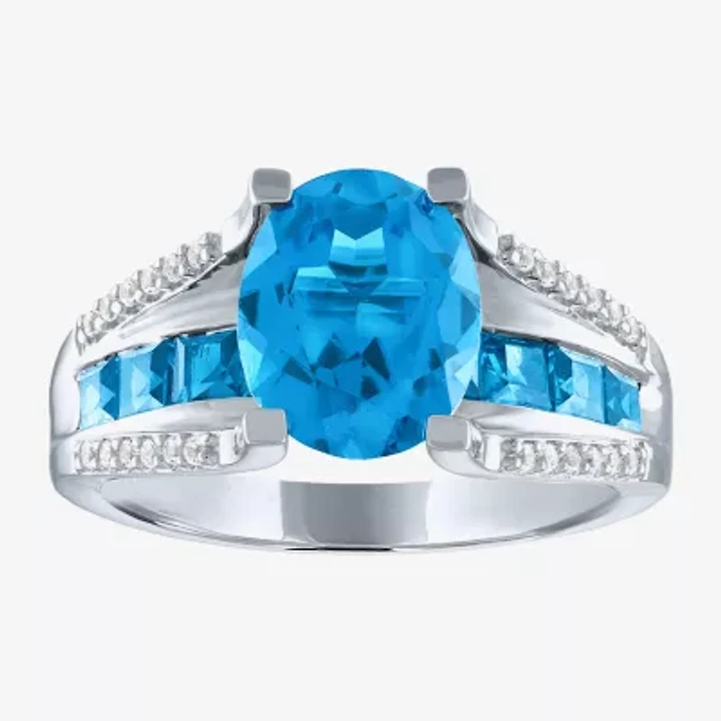 Womens Genuine Blue Topaz Sterling Silver Halo Cocktail Ring
