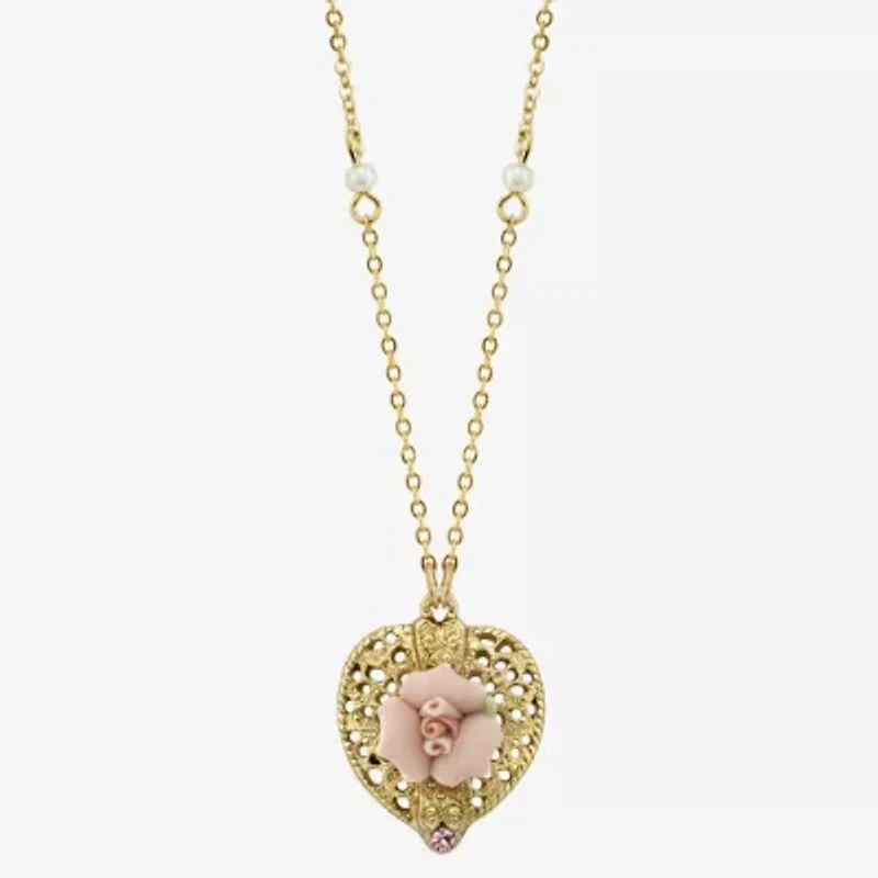 1928 Gold Tone & Pink Womens Pink Simulated Pearl Alloy Flower Heart 16 Inch Pendant Necklace