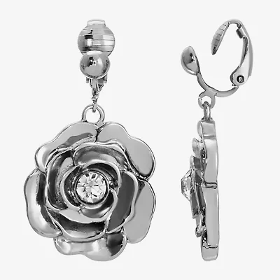 1928 Silver Tone Womens Crystal Flower Clip On Earrings
