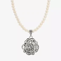 1928 Silver Tone Womens Simulated Pearl Alloy Flower 16 Inch Pendant Necklace