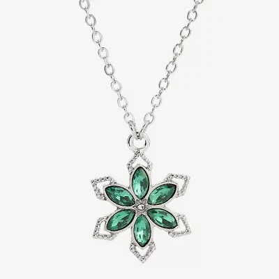 1928 Silver Tone & Green Womens Green Crystal Alloy Flower 16 Inch Pendant Necklace