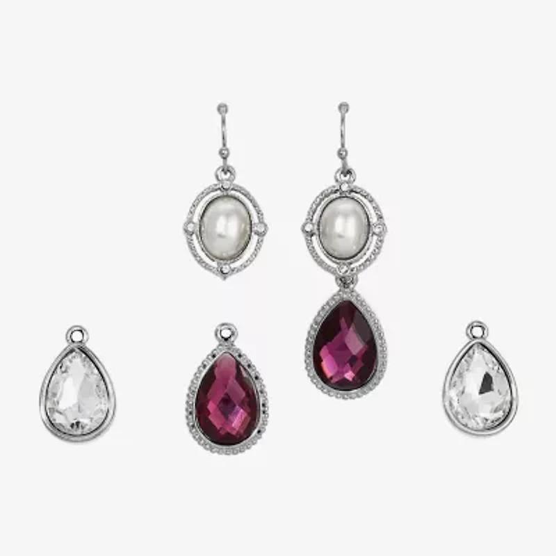 1928 Silver Tone & Purple Interchangeable Drop Womens Simulated Pearl 3 Pair Earring Set