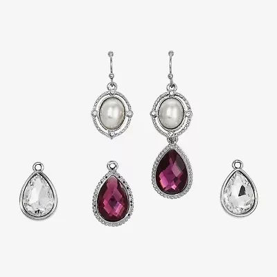 1928 Silver Tone & Purple Interchangeable Drop Womens Simulated Pearl 3 Pair Earring Set