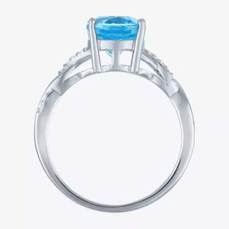 Womens Genuine Blue Topaz Sterling Silver Oval Side Stone Cocktail Ring