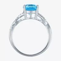 Womens Genuine Blue Topaz Sterling Silver Oval Side Stone Cocktail Ring
