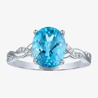 Womens Genuine Blue Topaz Sterling Silver Oval Side Stone Cocktail Ring