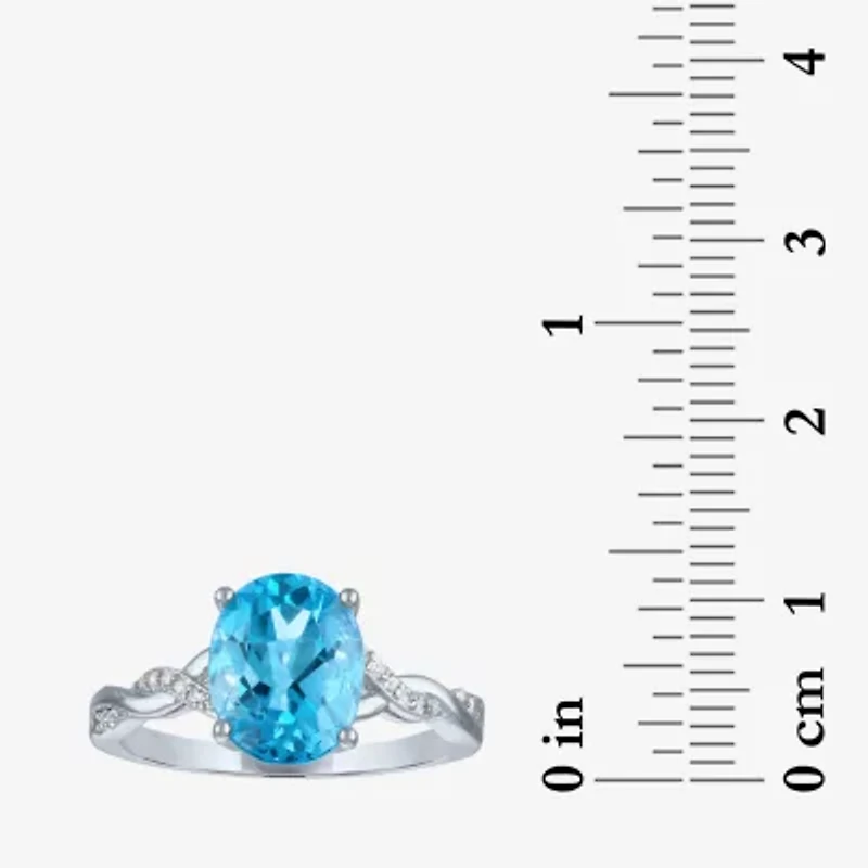 Womens Genuine Blue Topaz Sterling Silver Oval Side Stone Cocktail Ring
