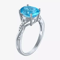 Womens Genuine Blue Topaz Sterling Silver Oval Side Stone Cocktail Ring