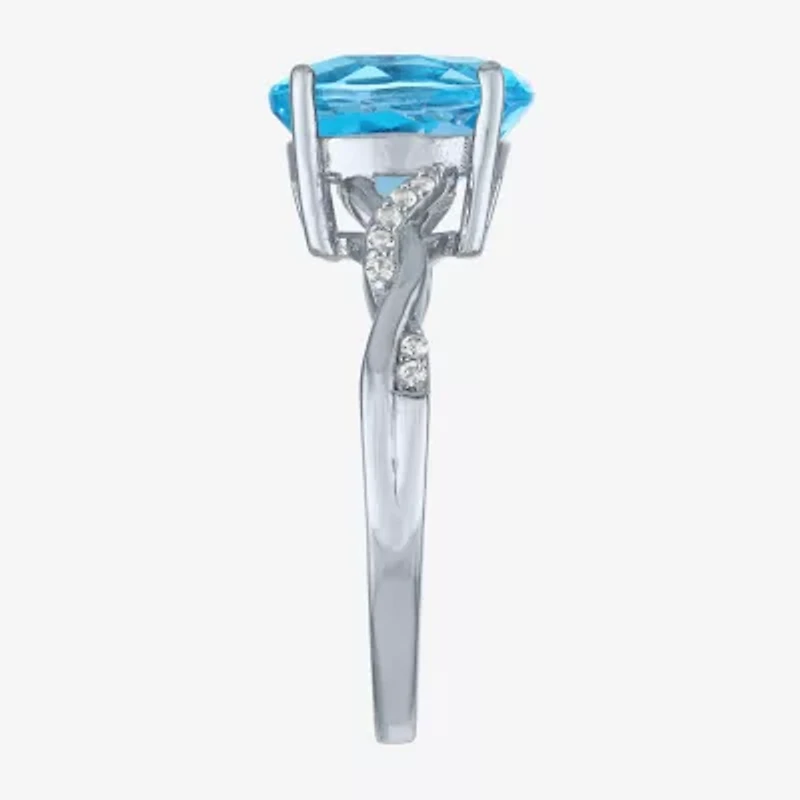 Womens Genuine Blue Topaz Sterling Silver Oval Side Stone Cocktail Ring