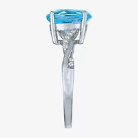 Womens Genuine Blue Topaz Sterling Silver Oval Side Stone Cocktail Ring