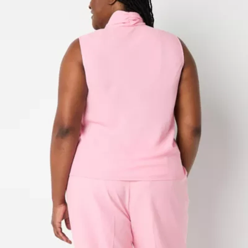 Black Label by Evan-Picone Womens Plus Split Tie Neck Sleeveless Blouse