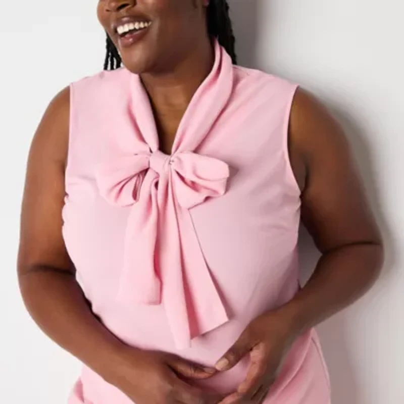 Black Label by Evan-Picone Womens Plus Split Tie Neck Sleeveless Blouse