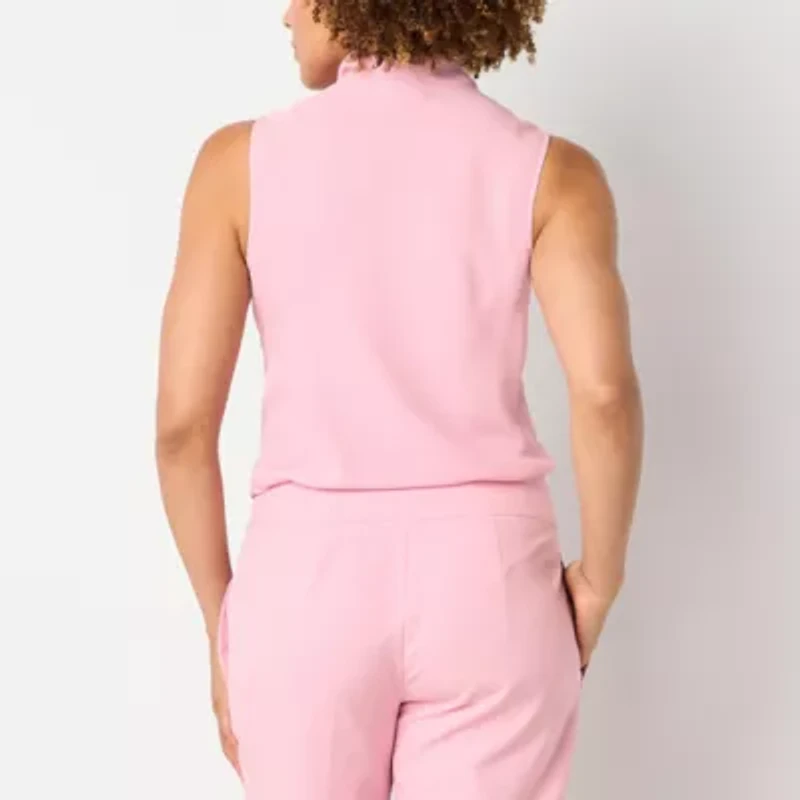 Black Label by Evan-Picone Womens Split Tie Neck Sleeveless Blouse