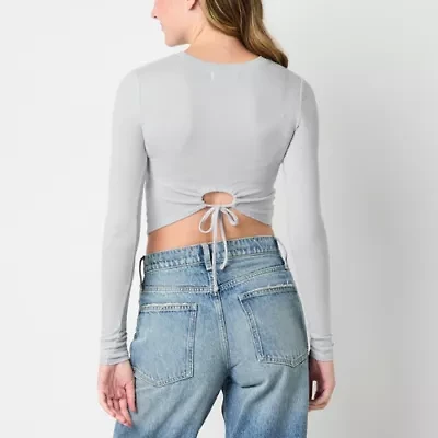 Arizona Cozy Tie Back Womens Juniors Crew Neck Long Sleeve T-Shirt