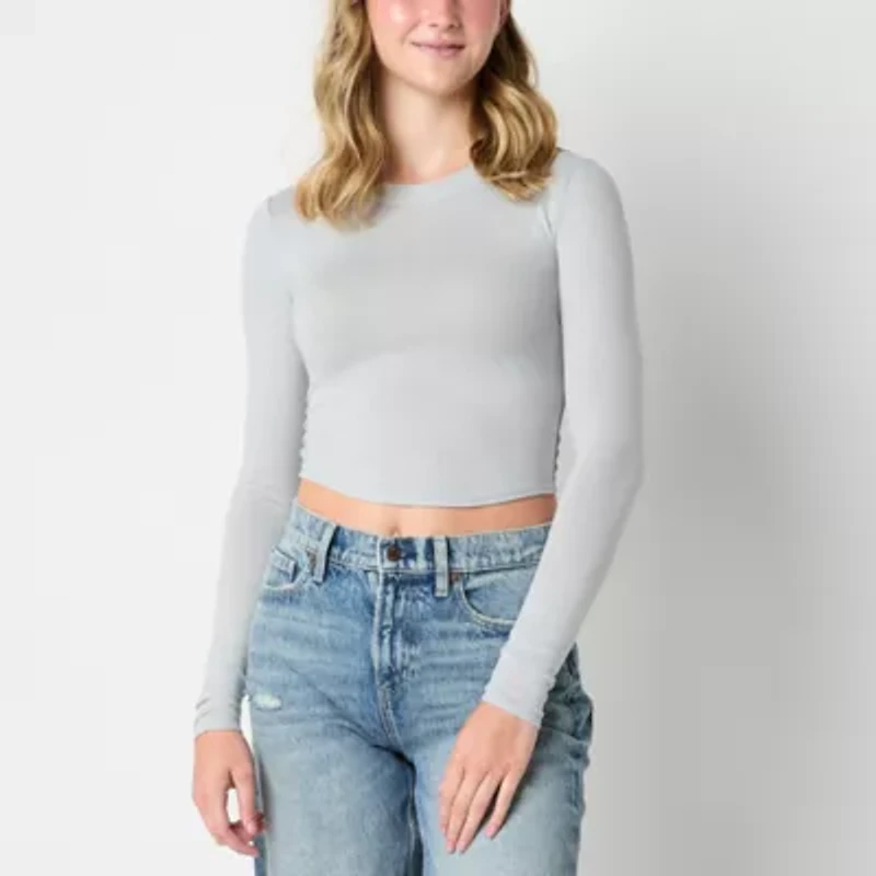 Arizona Cozy Tie Back Womens Juniors Crew Neck Long Sleeve T-Shirt