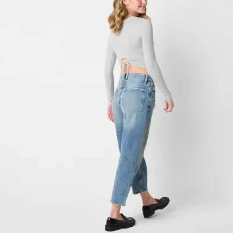 Arizona Cozy Tie Back Womens Juniors Crew Neck Long Sleeve T-Shirt