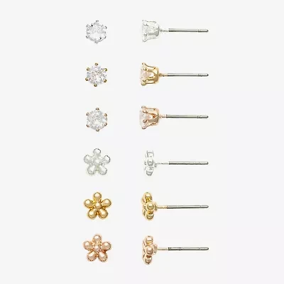 Mixit Womens Cubic Zirconia Flower Hypoallergenic 6 Pair Earring Set