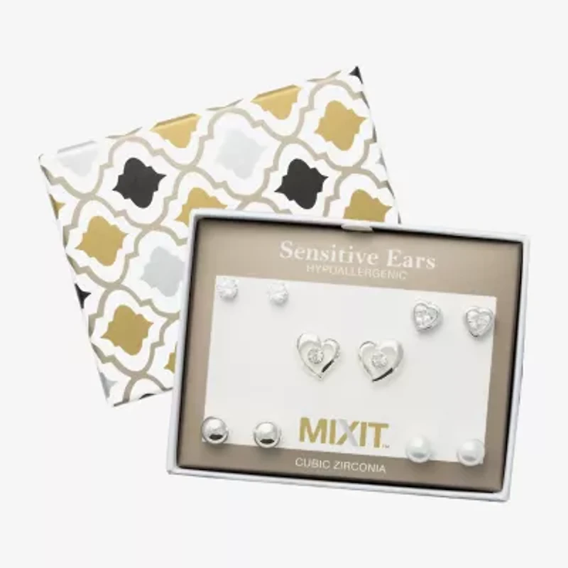 Mixit Womens Simulated Pearl Heart Round Hypoallergenic 5 Pair Earring Set