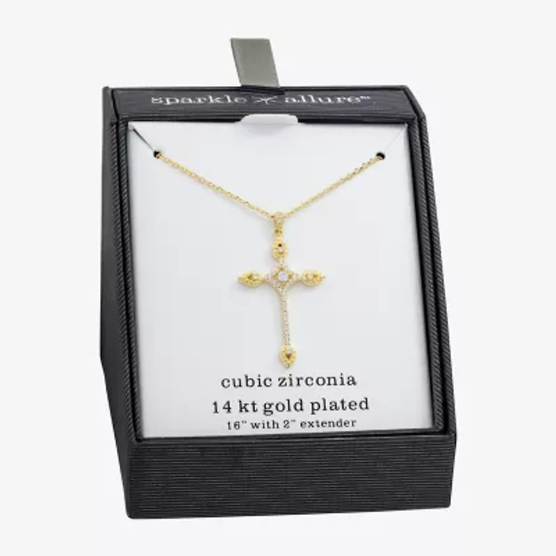 Sparkle Allure Womens Cubic Zirconia 14K Gold Over Brass Cross 16 Inch Pendant Necklace