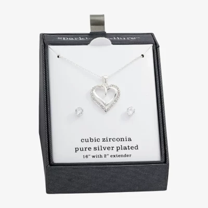 Sparkle Allure Womens Cubic Zirconia Pure Silver Over Brass Heart 2-pc. Jewelry Set