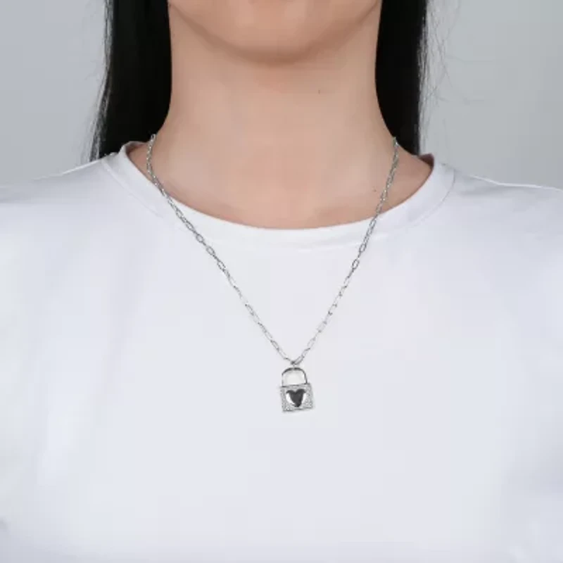 Womens White Cubic Zirconia Sterling Silver Heart 18 Inch Pendant Necklace