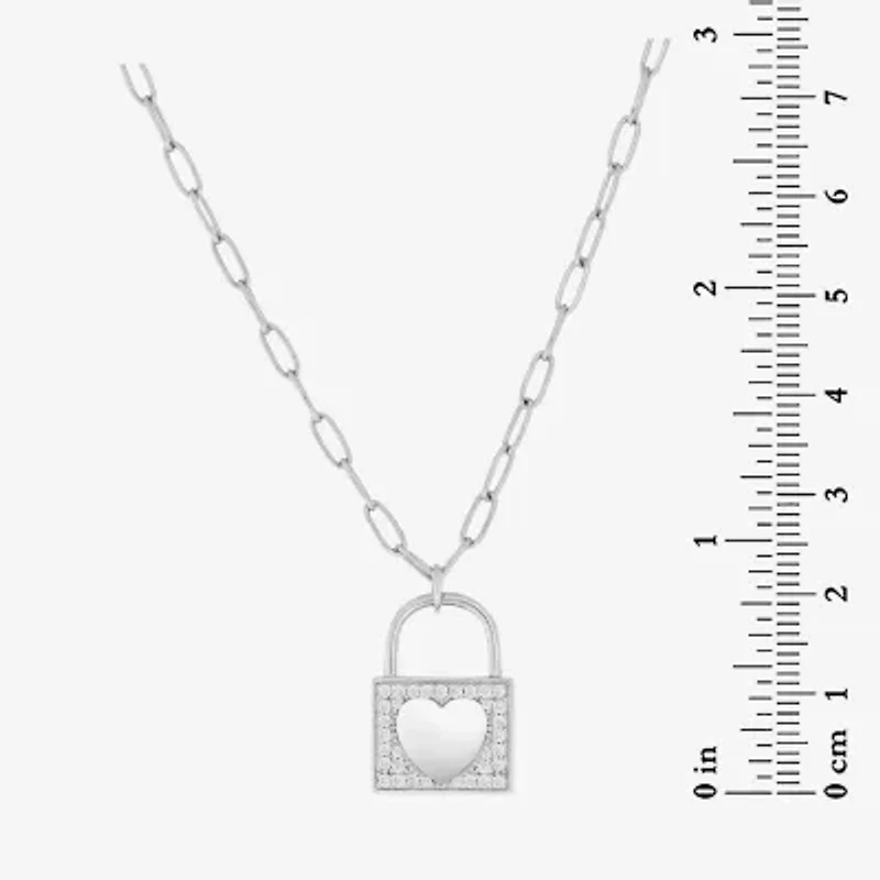 Womens White Cubic Zirconia Sterling Silver Heart 18 Inch Pendant Necklace